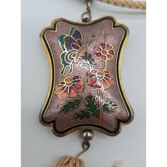 Vintage Gold Tone Butterfly Cloisonné Pendant Rope 28" Necklace Tassel Fringe - Picture 6 of 6